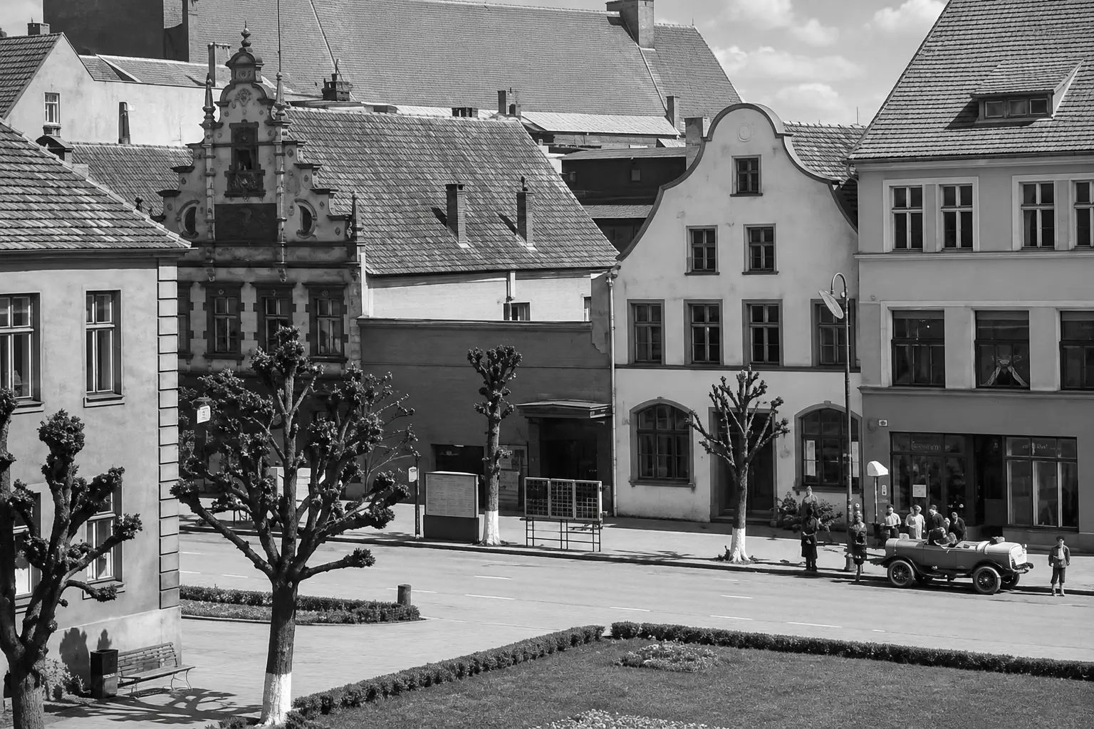 Archiwalna fotografia pierzei rynku w Trzebiatowie