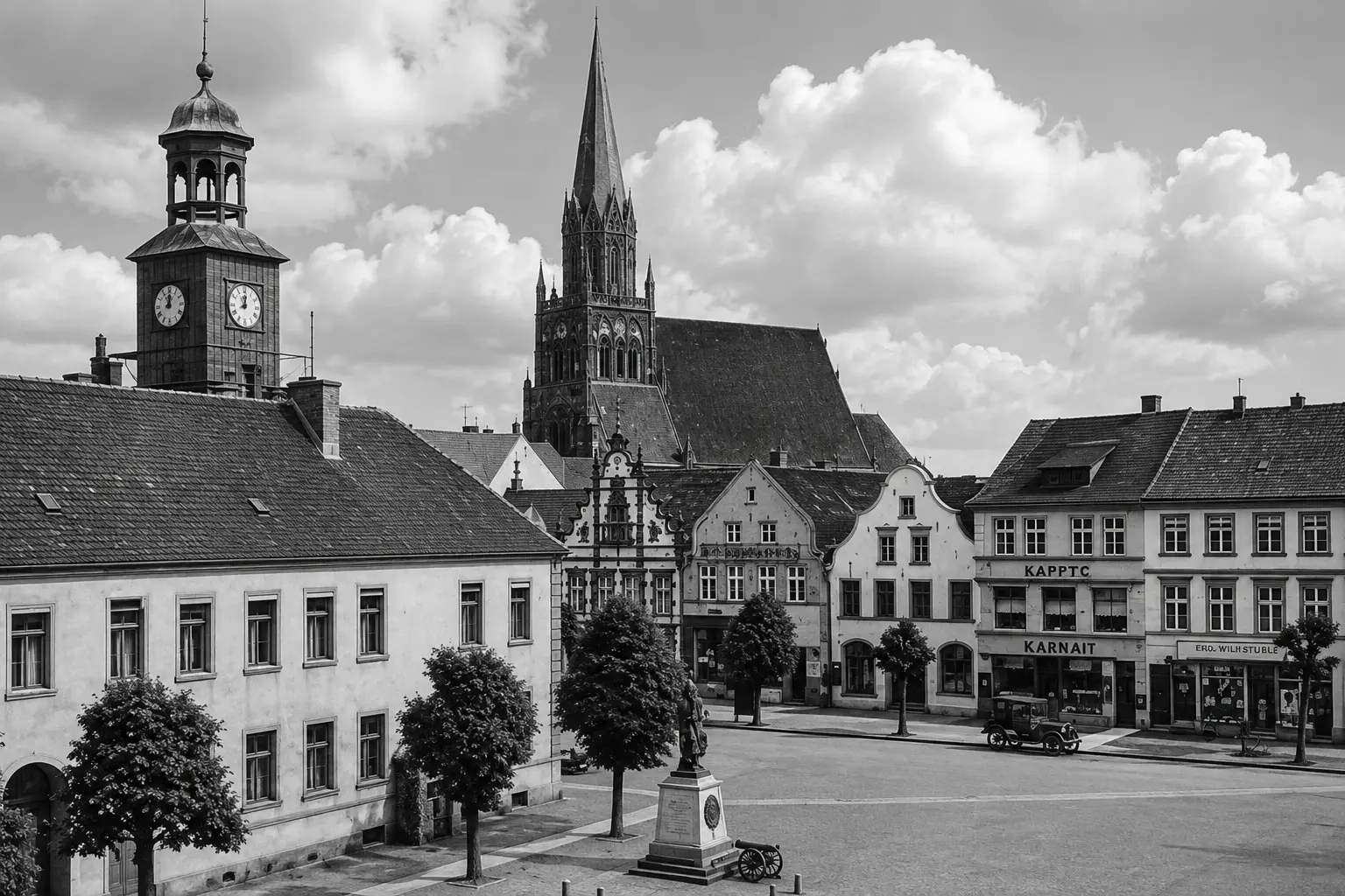 Archiwalny widok rynku z ratuszem i wieżą kościoła