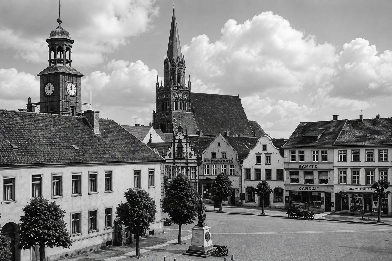 Archiwalna panorama rynku w Trzebiatowie z ratuszem i kościołem