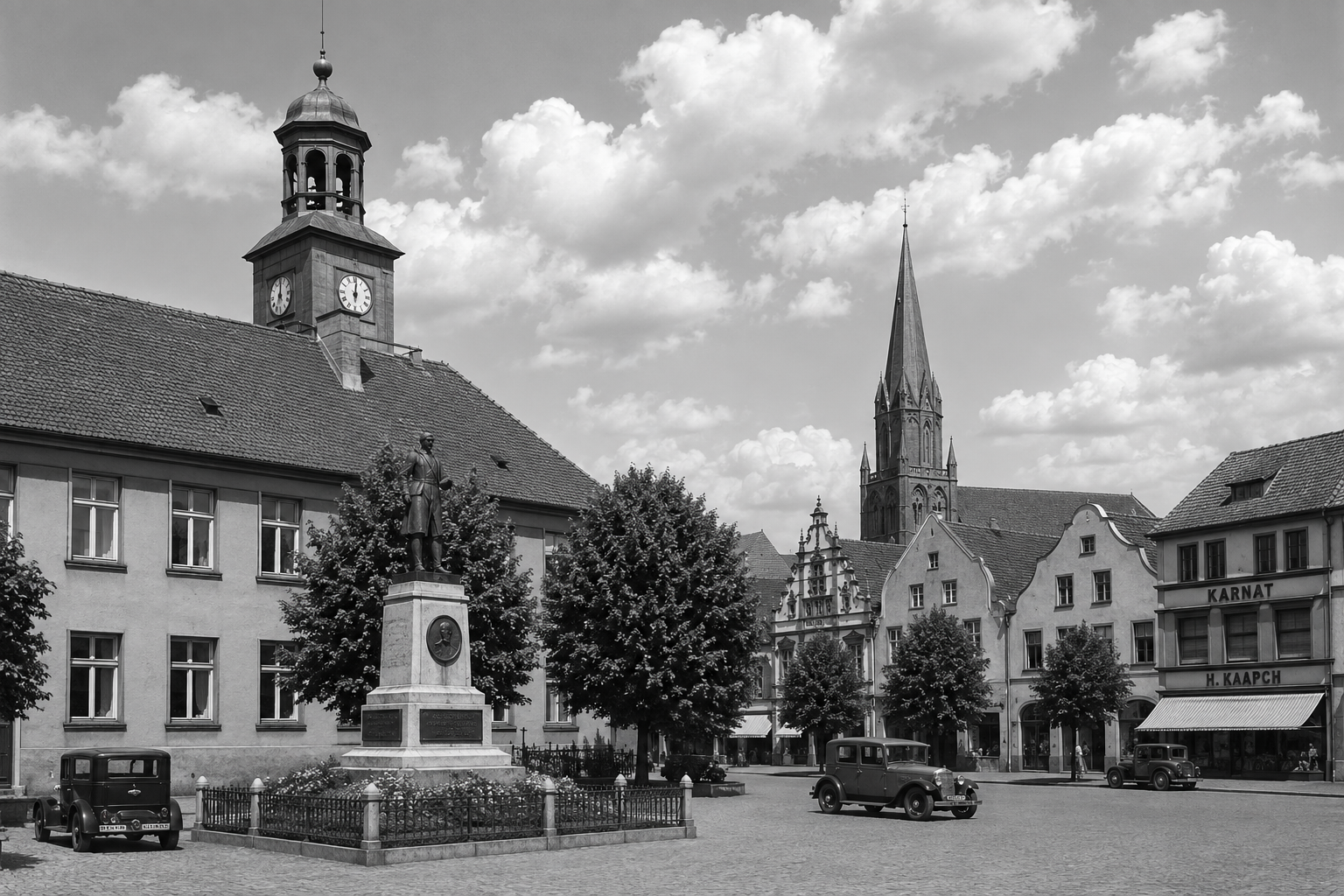 Archiwalna fotografia rynku w Trzebiatowie z ratuszem i wieżą kościoła
