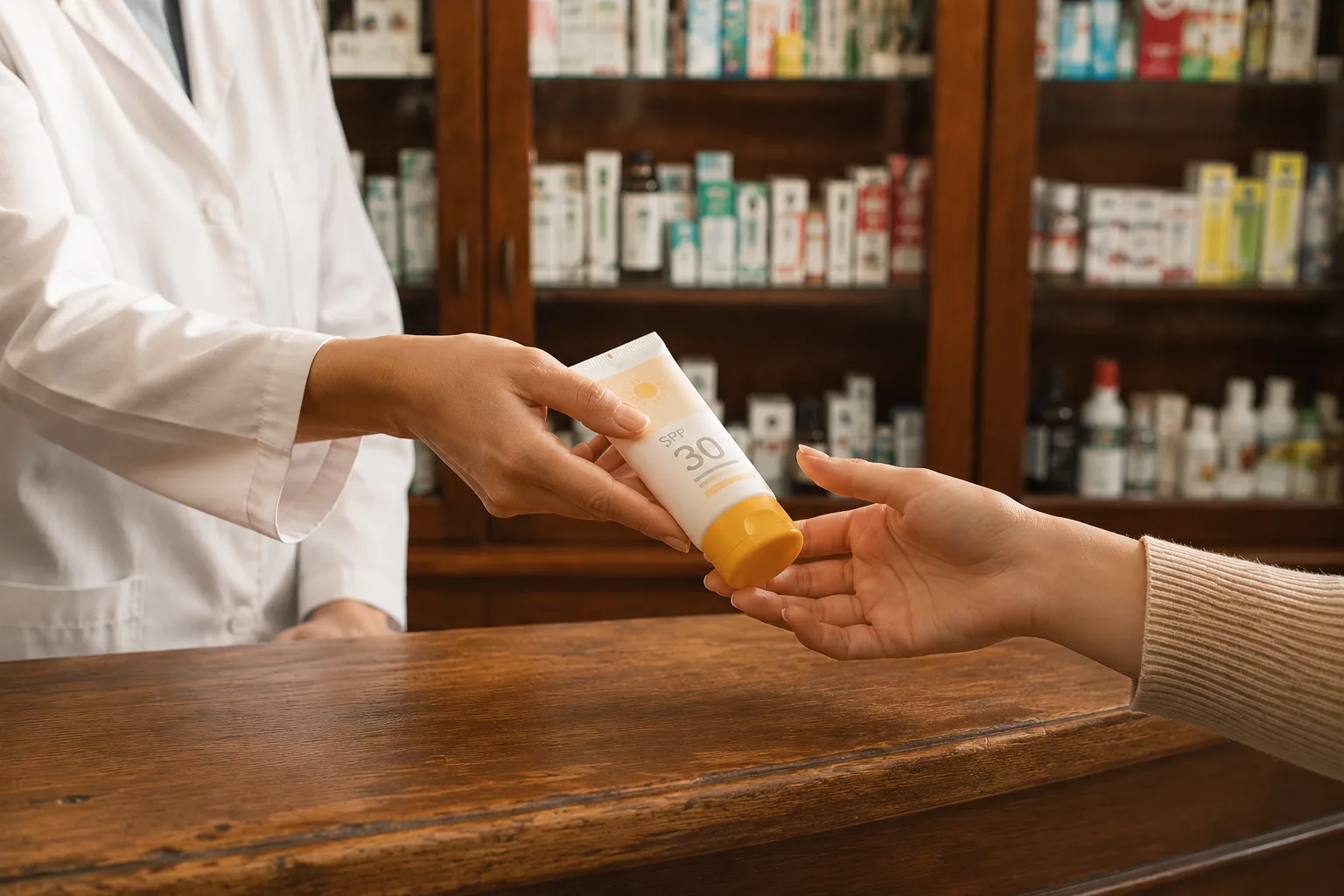 Farmaceutka podaje pacjentce krem z filtrem ponad drewnianą ladą apteki