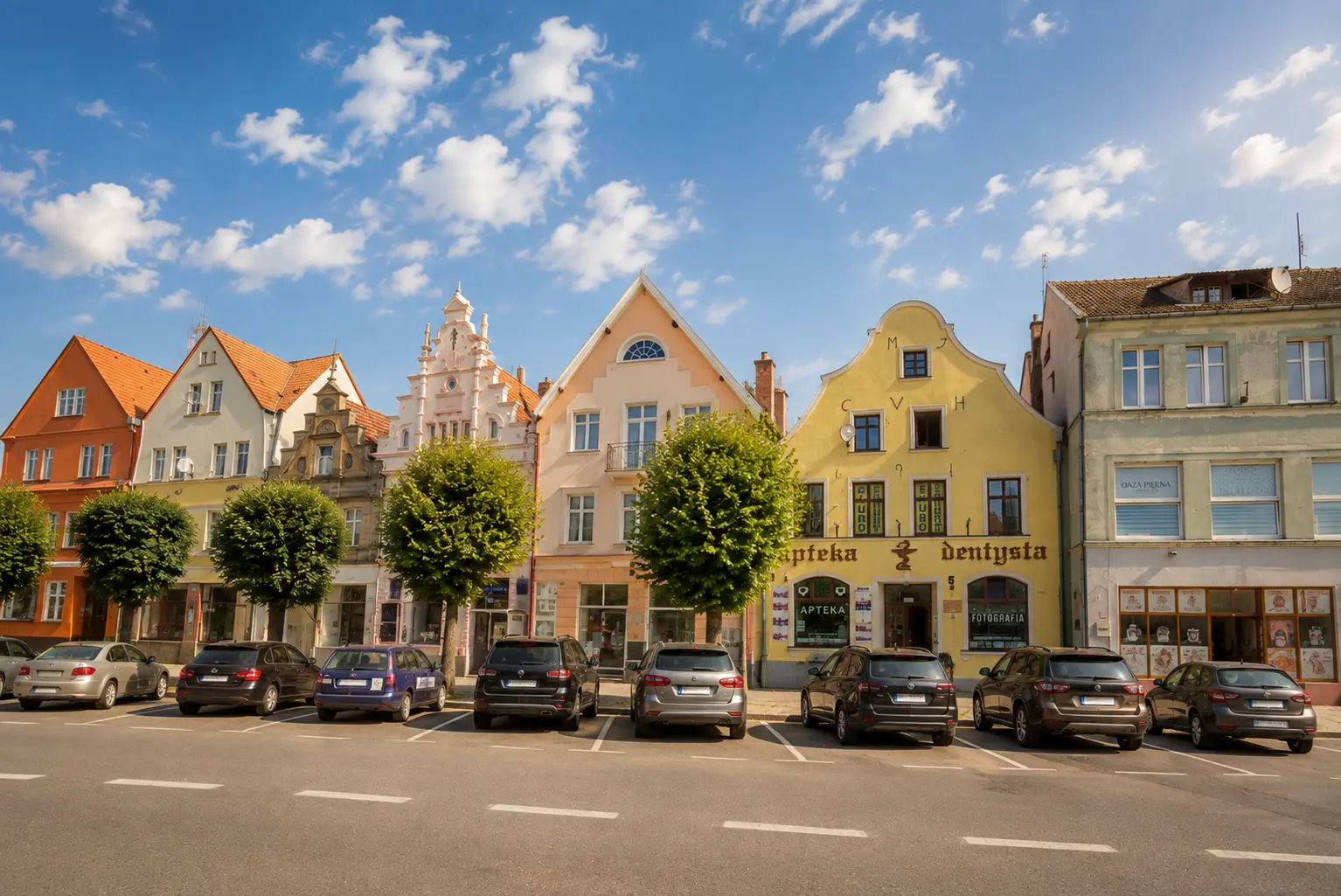 Pierzeja rynku w Trzebiatowie z kamienicą apteki