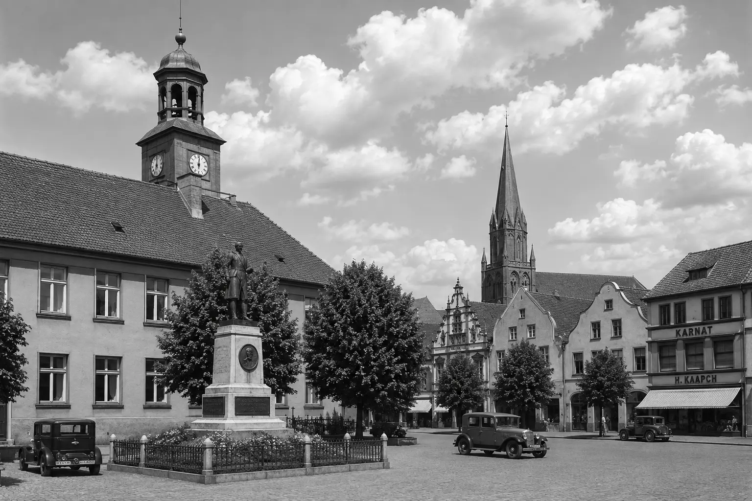 Dawny rynek w Trzebiatowie z ratuszem i pomnikiem